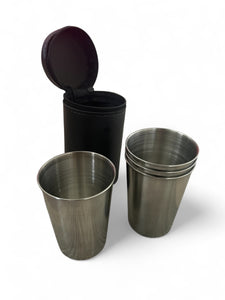 Stainless Steel Travel Mead Cups. Pack of 4 Cups with ‘Leather Look’ Zip-Up Carry Pouch (Choose from 2 Sizes) - Cups Only (No Mead).
