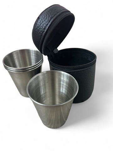 Stainless Steel Travel Mead Cups. Pack of 4 Cups with ‘Leather Look’ Zip-Up Carry Pouch (Choose from 2 Sizes) - Cups Only (No Mead).